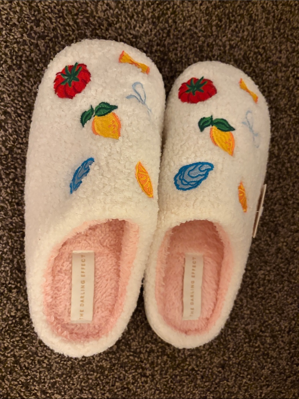 White Plush Slippers with Food Embroidery